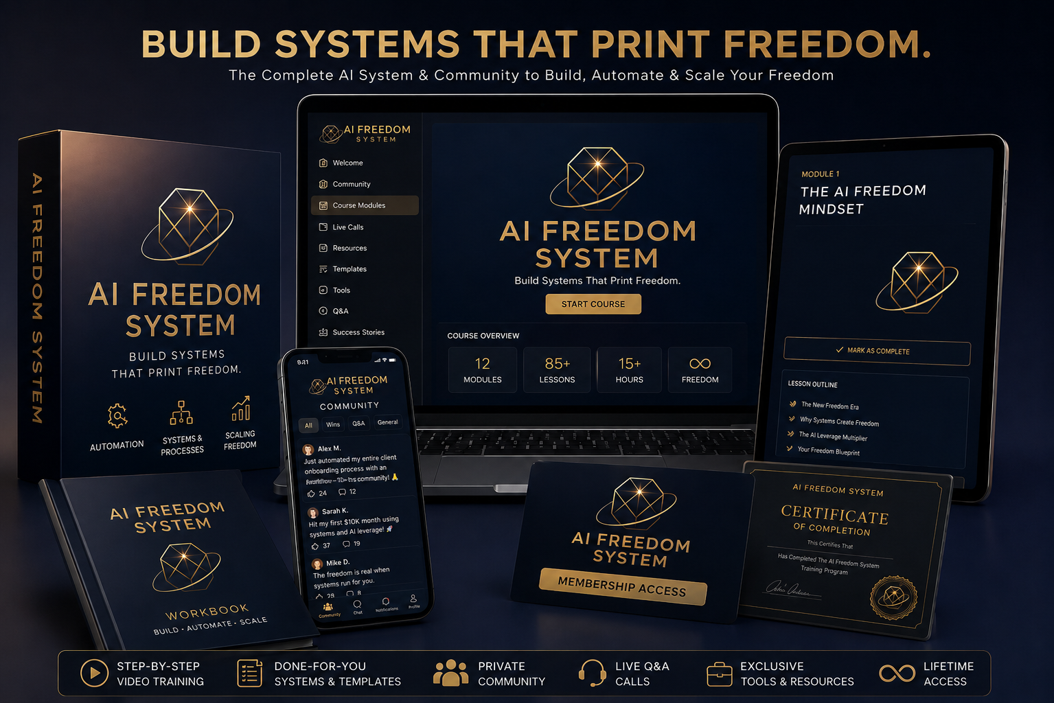The AI Freedom System bundle with core training, AI templates, workflows and planning materials